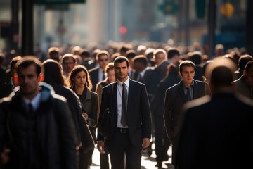Crowd of business commuters people walking city street in the morning