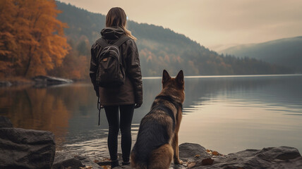 Cinematic image of a hiker girl with german shepherd dog in the beautiful nature landscape with rocks, mountains, autumn trees and lake. Long shot of a beautiful scene in autumn. - obrazy, fototapety, plakaty