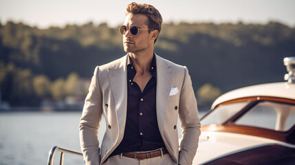 A youthful and dapper gentleman, dressed in a timeless suit, buttons his jacket with a luxurious yacht in the background, set against the backdrop of a blurred lake.. - obrazy, fototapety, plakaty