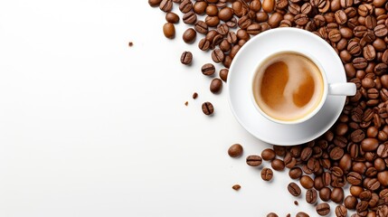 Naklejka premium Top view of a cup containing coffee and coffee beans beside it with a white background