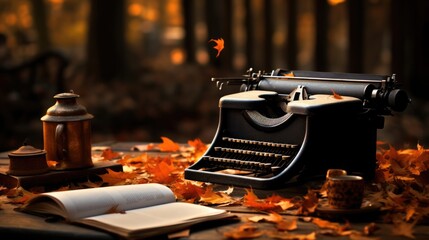 Typewriter on an autumn background. Writer's workplace. National Novel Writing Month concept.