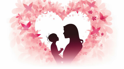 Silhouettes of mother and daughter surrounded by red heart of flowers 