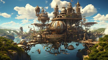 Visualize a steampunk-inspired island with mechanical creatures, gears, and steam-powered airships soaring above. - obrazy, fototapety, plakaty