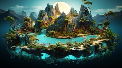 Visualize an island inhabited by sentient plants, where flora and fauna merge into intricate,...