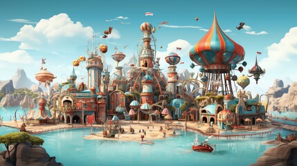 Visualize an island cloaked in an eternal carnival, with whimsical rides, candy forests, and carousel animals that come to life. - obrazy, fototapety, plakaty