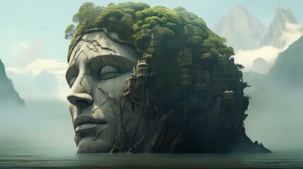 Picture an island sculpted by the dreams of sleeping giants, where colossal statues and surreal landscapes come to life.