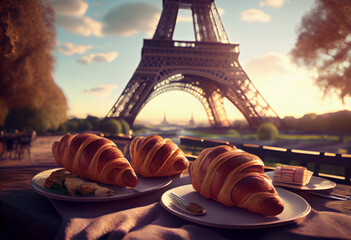 Delicious french croissants on romantic background of Eiffel tower, Paris. Generative AI - obrazy, fototapety, plakaty