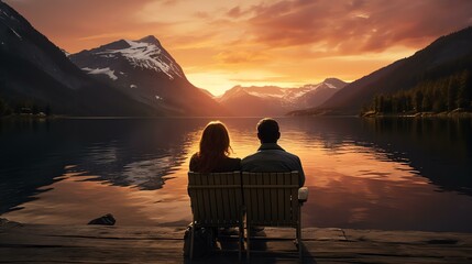 A couple watching the sun set on a dock by a calm mountain lake sony camera, photorealistic, stock photo