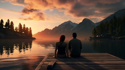 A couple watching the sun set on a dock by a calm mountain lake sony camera, photorealistic, stock photo
