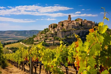 Scenic view of Châteauneuf-du-Pape village, vineyards, and countryside in Provence, France. Generative AI