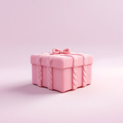 Christmas present, pastel pink knitted gift box, minimal aesthetic winter holidays celebration layout.