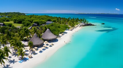 Aerial view of beautiful tropical beach with palm trees, white sand, turquoise ocean and blue sky