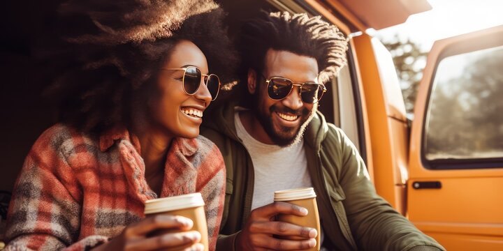 A young African American couple traveling in a motorhome. They chat and drink morning coffee. Escape from the hustle and bustle of the big city and be alone.