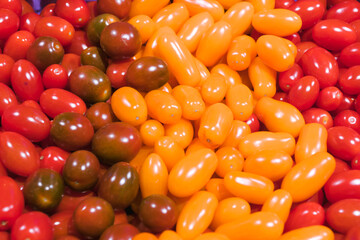 Tomatoes in basket at the market place. Harvest concept. Long plum tomato texture background. Fresh small red and yellow cherry tomatoes pattern, mini organic cocktail tomato mix wallpaper top view