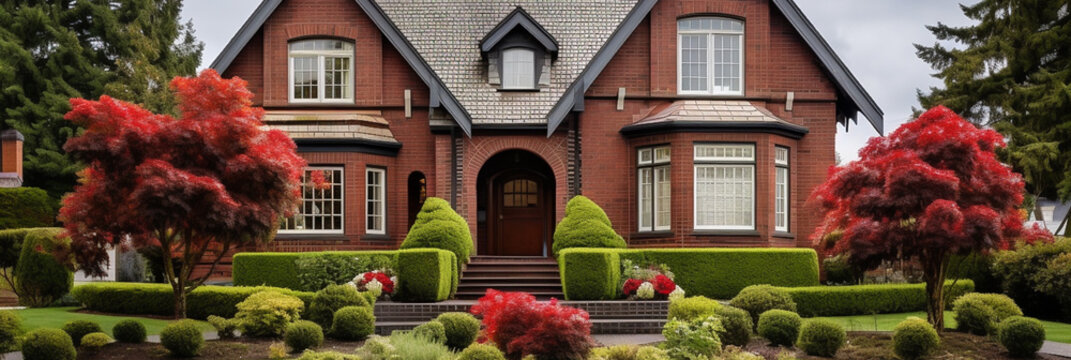 Victorian style red brick family villa house exterior with black roof tiles. Beautiful landscaped front yard with lawn and pruned shrubs