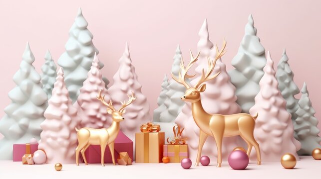 Christmas 3D pink backgrounds. Plastic minimalistic Christmas trees, deers, gift boxes decoration for flyer, banner, advertisement. Pastel colored