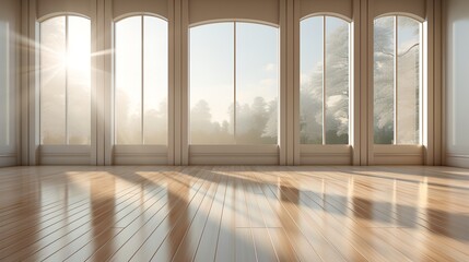 An empty white room with large windows, generative AI