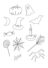 Halloween Set 12 Minimalistic Abstract Illustrations One Line Art Icon 
