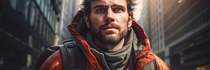 Close up portrait of male hiker during his hiking trip with backpack - obrazy, fototapety, plakaty