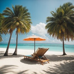 Beautiful view of coconut trees and white sandy beach with blue sea, chairs and umbrellas.