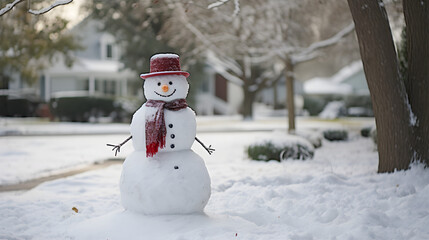 A snowman stands in the yard and makes people happy