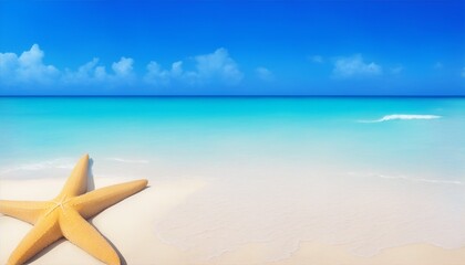 Fototapeta na wymiar Panorama of white sandy beach with blue sea and starfish.