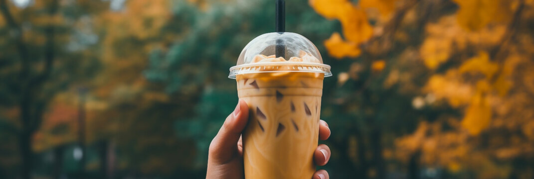 Coffee brew or hot chocolate milkshake drink outdoor in autumn park