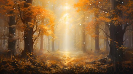 Autumn forest with fog. Nature background. Panoramic image.