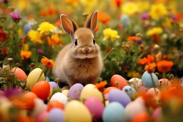 Fototapeta na wymiar Adorable bunny amidst vibrant eggs in a blooming field. Generative AI