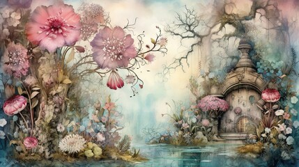  a painting of a garden with flowers and a clock tower.  generative ai