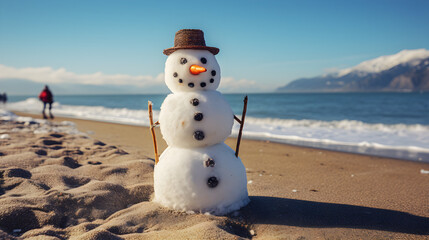 A snowman stands on the beach and makes people happy - obrazy, fototapety, plakaty