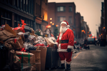 Christmas Capitalism's Cleanup Call. Santa Claus Takes Action Against the Pollution of Excessive Gifts, Signaling a Shift Towards Environmental Responsibility. Eco-Aware Santa.

 - obrazy, fototapety, plakaty