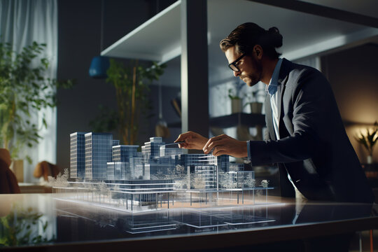 An engineer works on his architectural project by using an Augmented Reality device.
