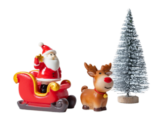 Christmas tree and Santa Claus in sleigh with reindeer isolated on white or transparent background.