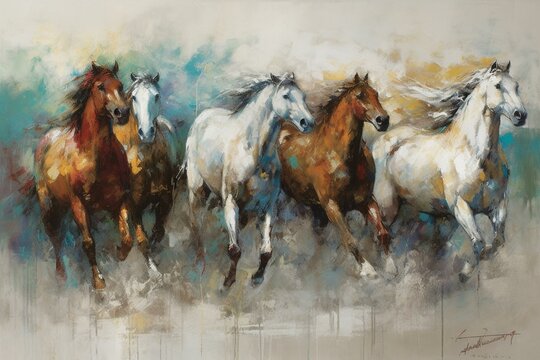 Artwork featuring seven horses in unique and successful paintings. Generative AI