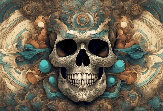Surreal Skull with Retro Fractal Elements, Generative AI