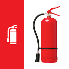 Red tall fire extinguisher with hose and pressure indicator and fire extinguisher sign sign...