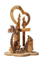 Wooden nativity scene isolated on white or transparent background.