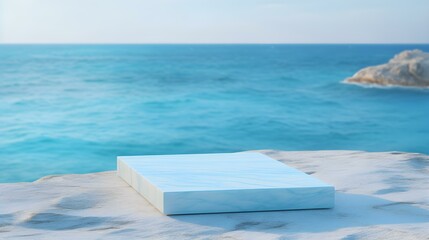 Square Marble Podium in cyan Colors in front of a blurred Seascape. Luxury Backdrop for Product Presentation