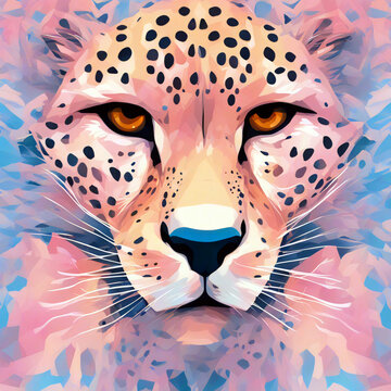 Gepard in Pastellfarben mit starrem Blick. 