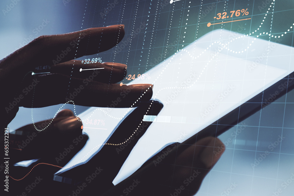 Poster double exposure of abstract creative statistics data hologram with finger clicks on a digital tablet