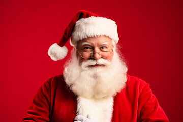 studio shot of Santa Claus on a red background. an elderly man in glasses, a hat smiles. Christmas, Happy New Year