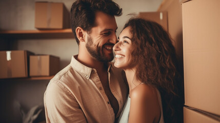 A happy couple embracing real estate, real estate investment or buying an apartment. An excited man with a smile or a woman celebrating moving into an apartment together - obrazy, fototapety, plakaty