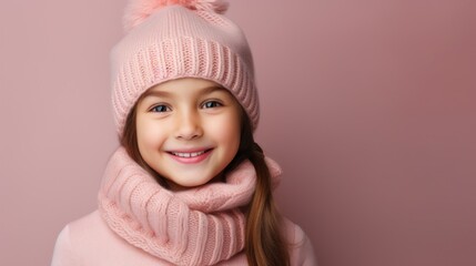 Portrait of a cute little girl in a knitted hat on a color background