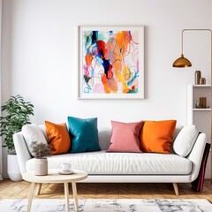 Stylish Living Room Furniture White Sofa, Colorful Cushions, and White Wall Design, Modern Couch in a Contemporary Living Room