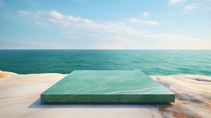 Square Marble Podium in emerald Colors in front of a blurred Seascape. Luxury Backdrop for Product Presentation