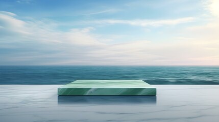Square Marble Podium in emerald Colors in front of a blurred Seascape. Luxury Backdrop for Product Presentation
