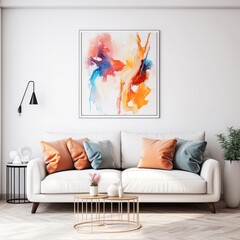 modern living room with sofa,  photo frame on the wall with abstract wall art,  Interior design of modern living room. Created with generative