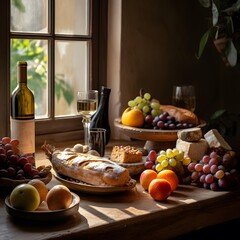 Obraz na płótnie Canvas Still life with wine, bread and fruits on the windowsill.