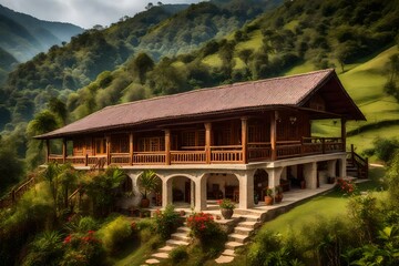 Fototapeta na wymiar A beautiful Bungalow in a lush valley. This rustic bungalow is a haven of serenity amidst rolling hills and vibrant foliage - AI Generative